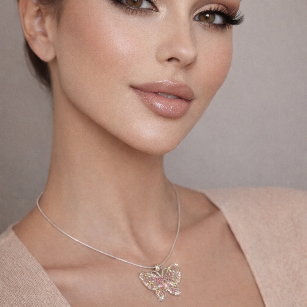 Silver Tone Round Snake Chain Pink Rhinestone Butterfly Pendant Necklace